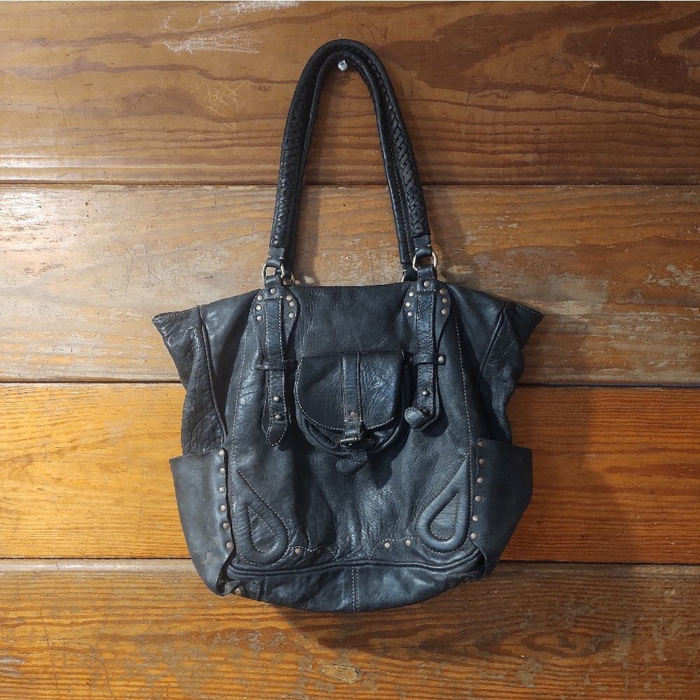 ALL SAINTS \\ DARK BROWN GENUINE LEATHER STUDDED SHOULDER BAG